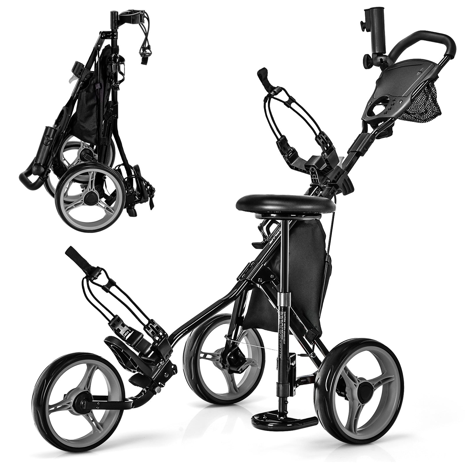 3 Wheels Folding Golf Push Cart with Seat Scoreboard and Adjustable Handle