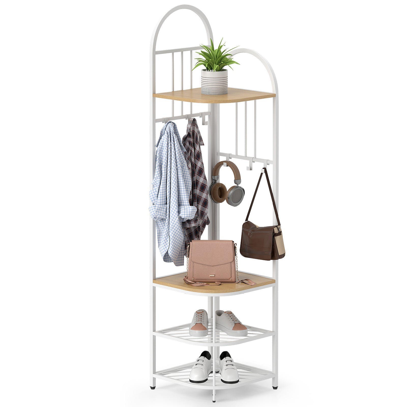 4-Tier Coat Rack Corner Hall Tree with Shoe Storage Bench