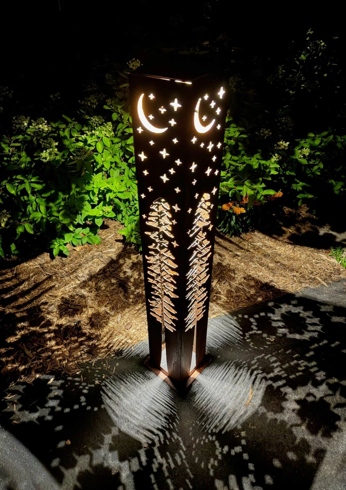 4-Sided Night Sky Pine Tree Solar Pillar - Steel
