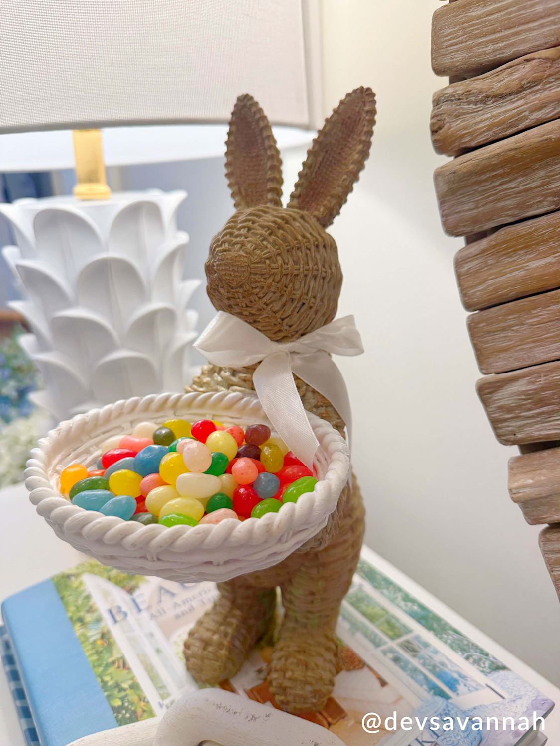 Woven Wicker Resin Bunny Sitter with Candy Dish