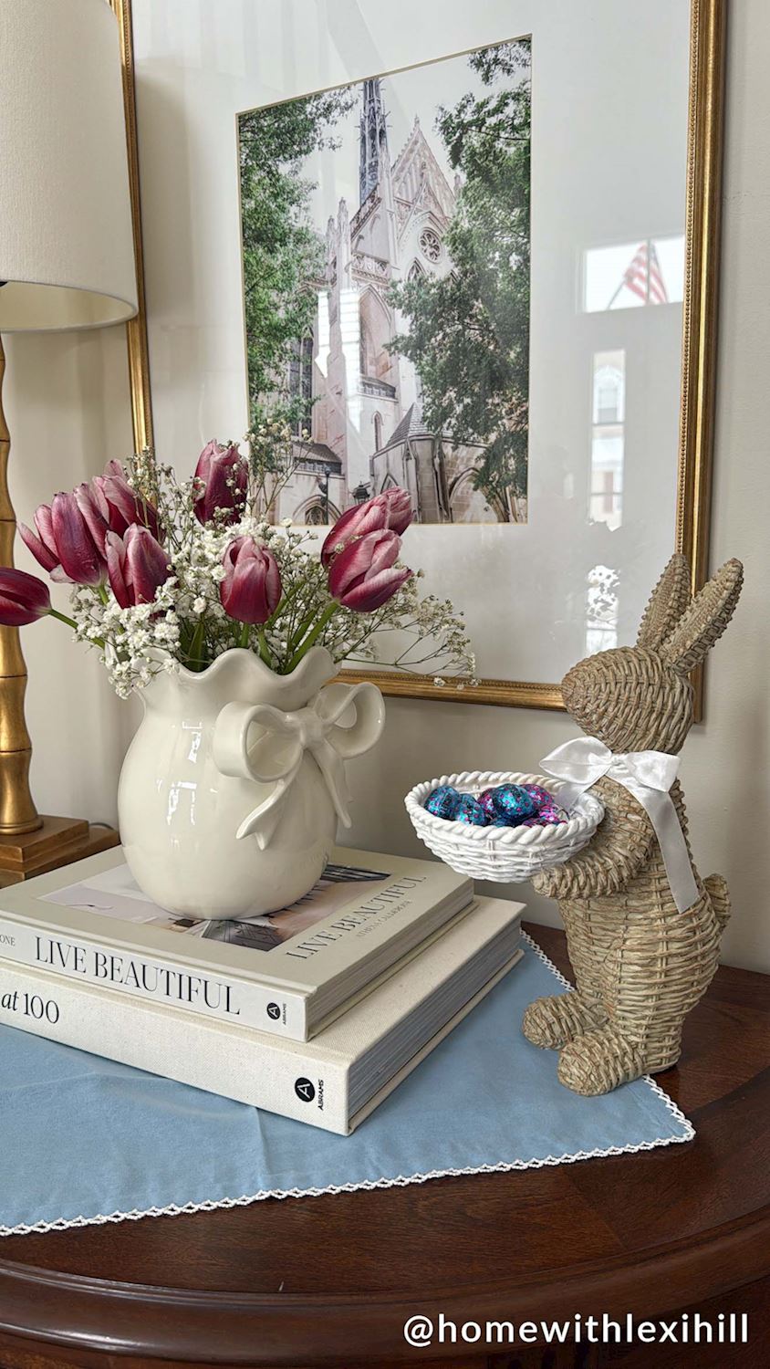Woven Wicker Resin Bunny Sitter with Candy Dish