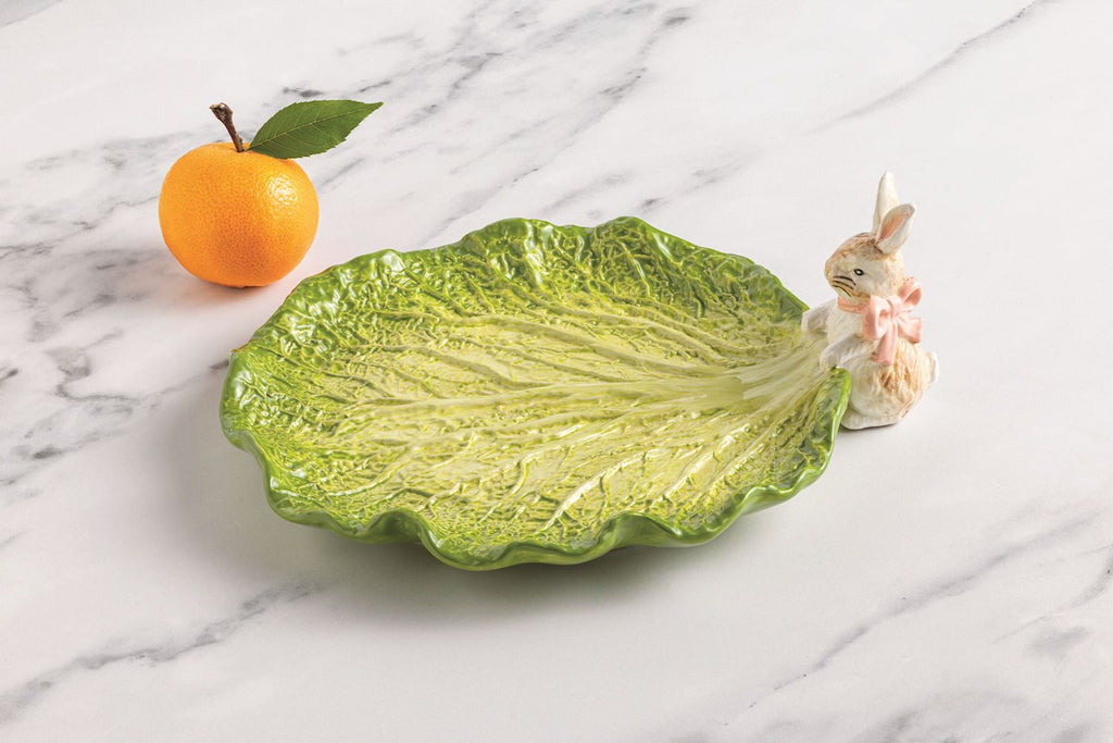 Hand Painted Bunny Cabbage Ceramic Serving Platter