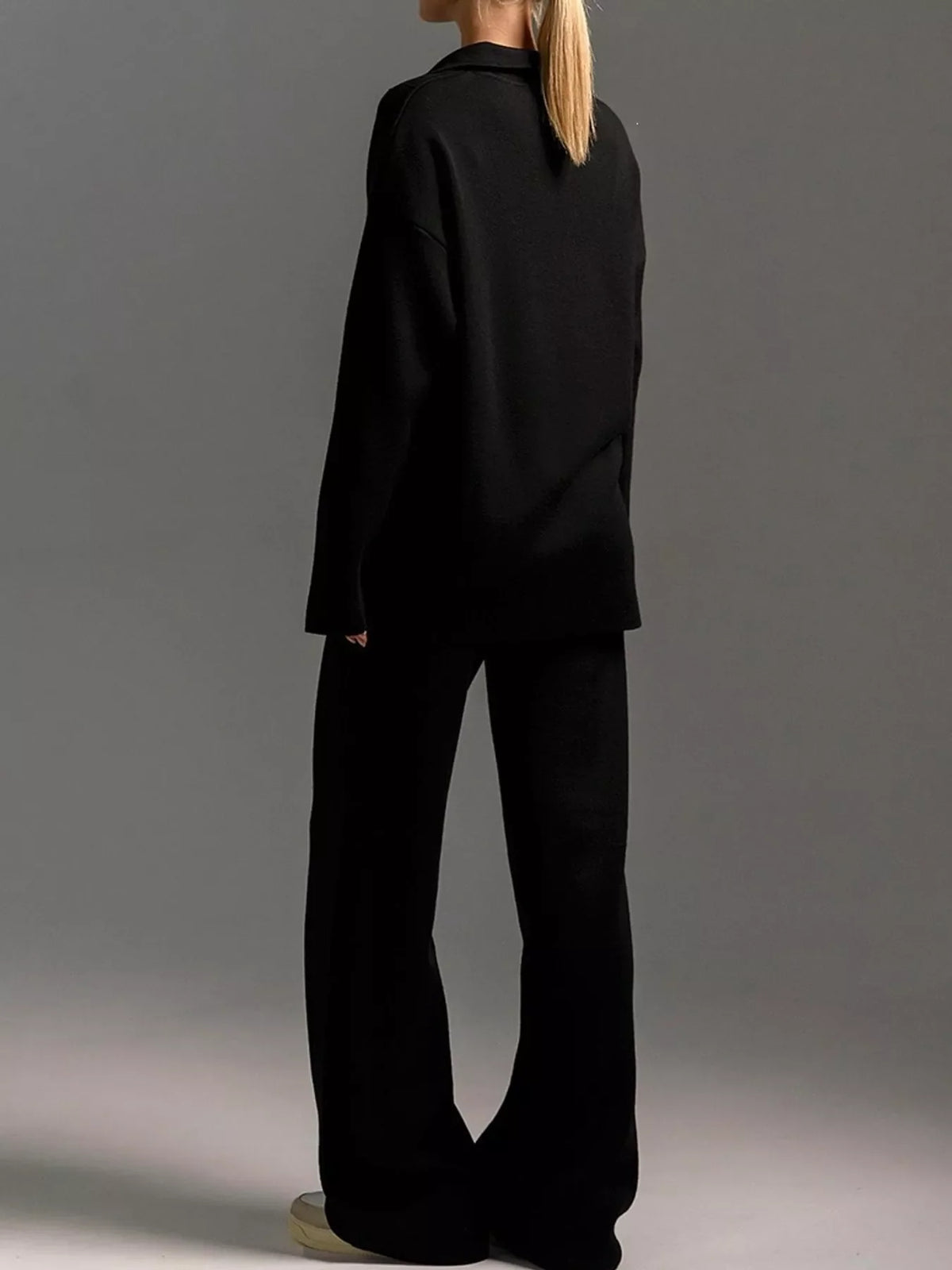 Polo Collar Top and Wide-Leg Pants Set