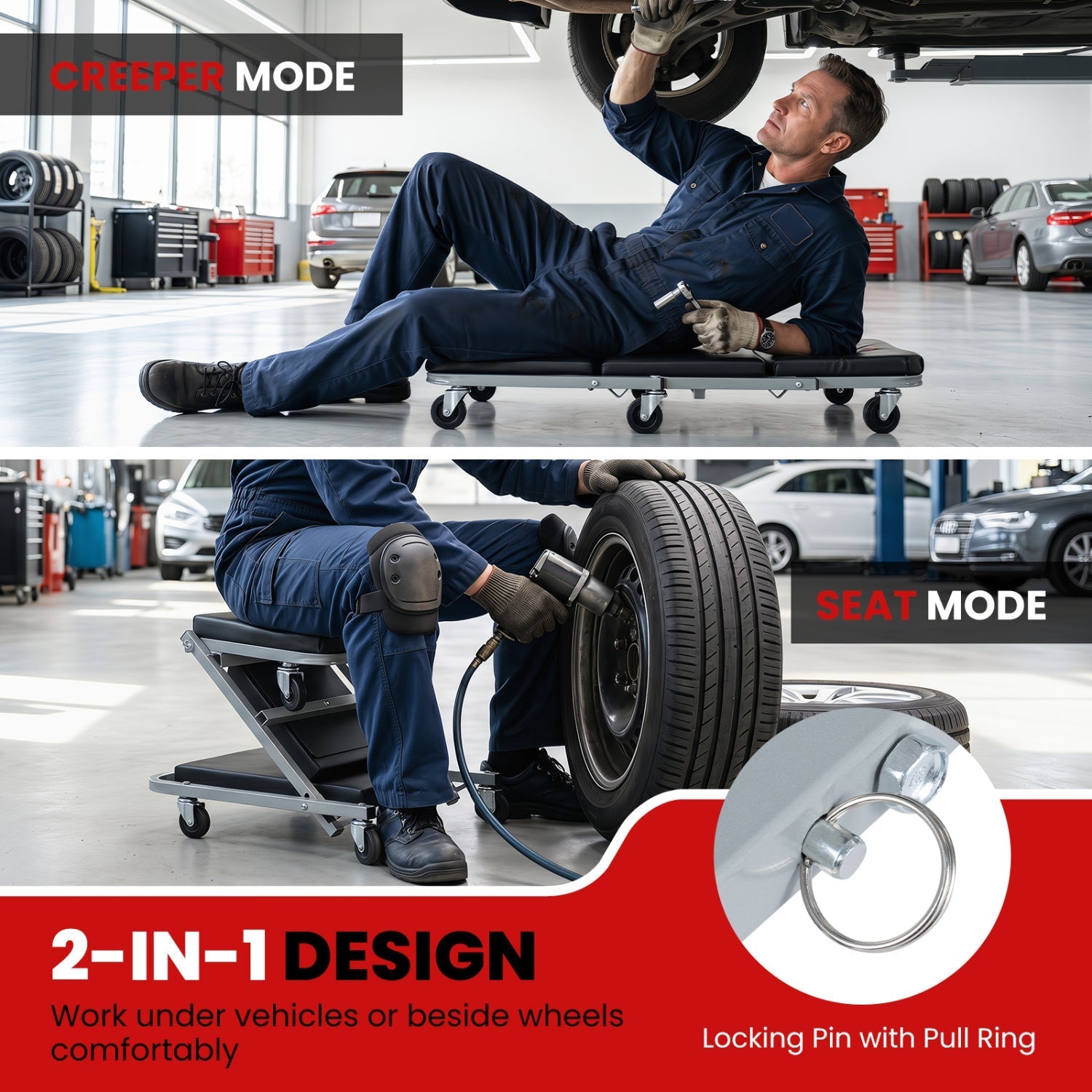 2-in-1 Mechanic Creeper & Z-Seat with 6 Swivel Casters