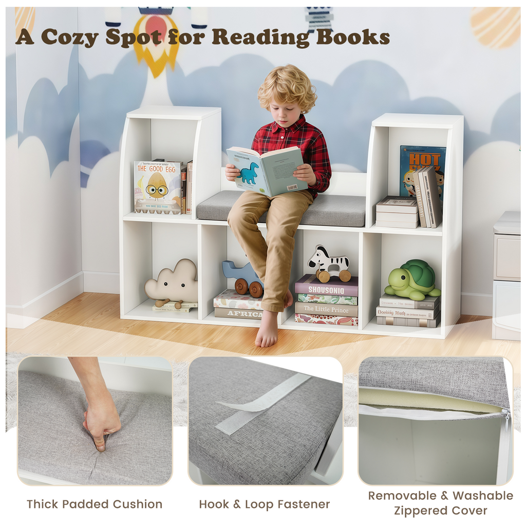 40 Inches Kids Bookshelf with Reading Nook Bookcase with 6 Open Cubes-White