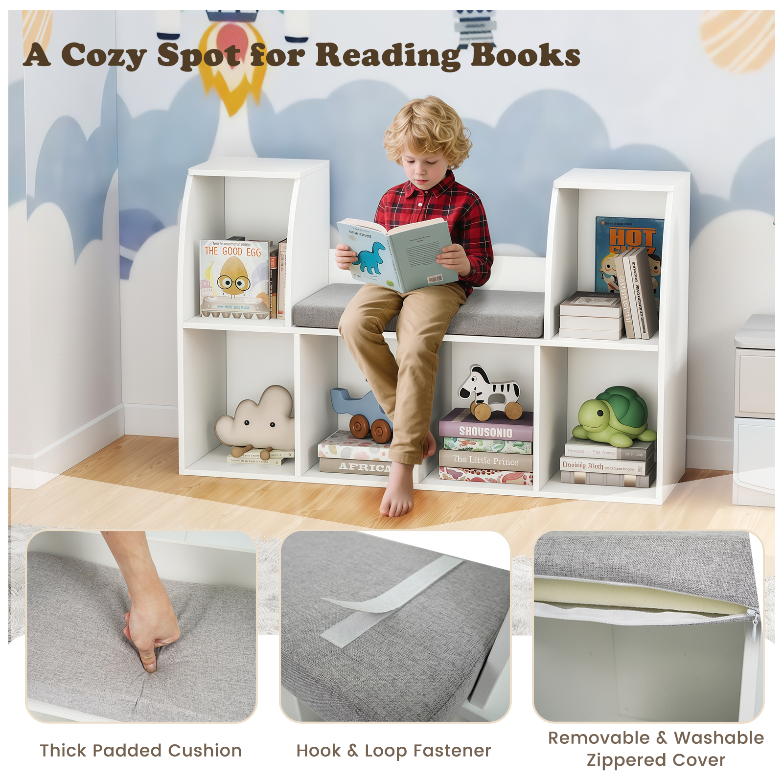 40 Inches Kids Bookshelf with Reading Nook Bookcase with 6 Open Cubes-White