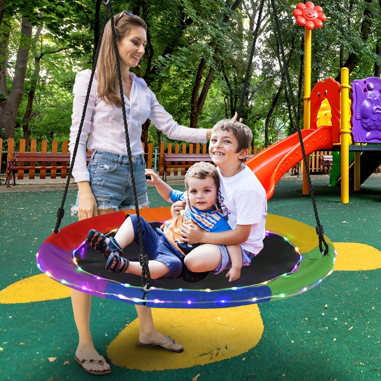 40 Inches Saucer Tree Swing Round with Lights for Kids and Adults