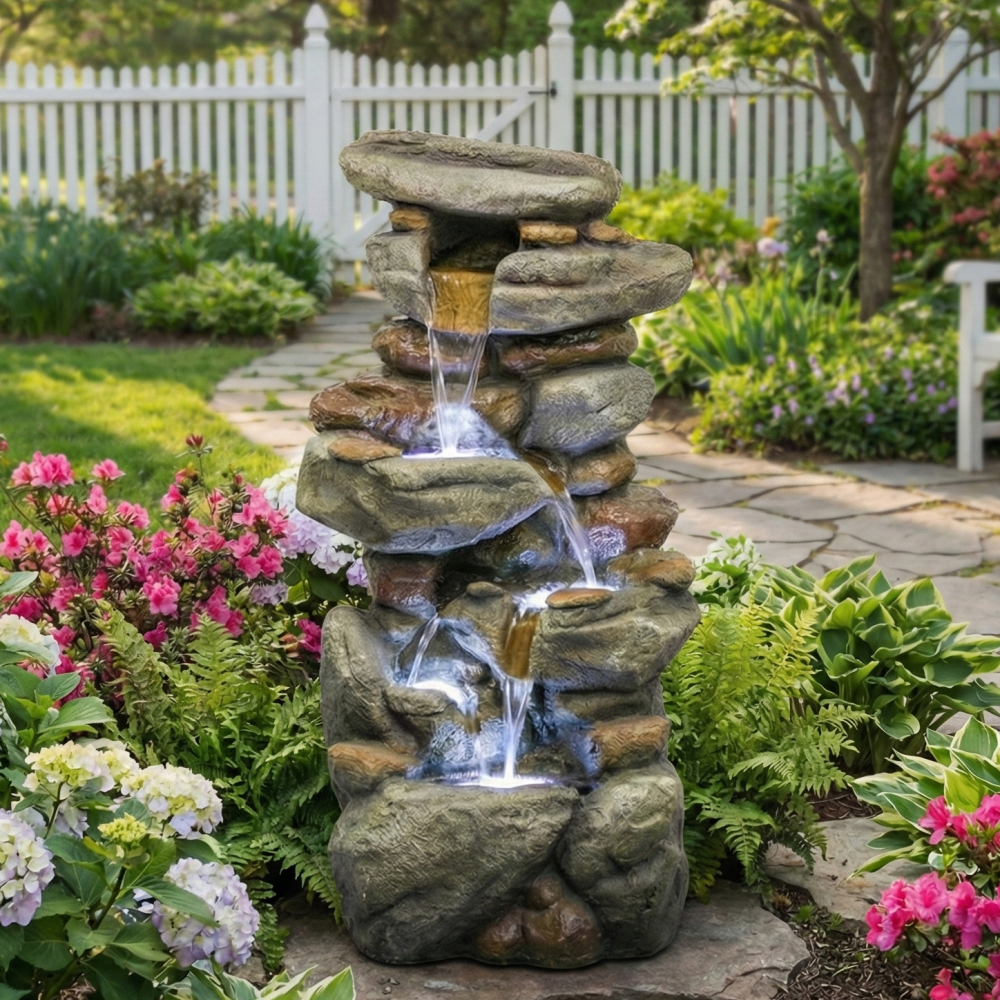 30" Large Outdoor Stone Fountain with LED Lights | Cascading Waterfall Fiberglass Resin Garden Fountain for Patio, Yard & Entryway