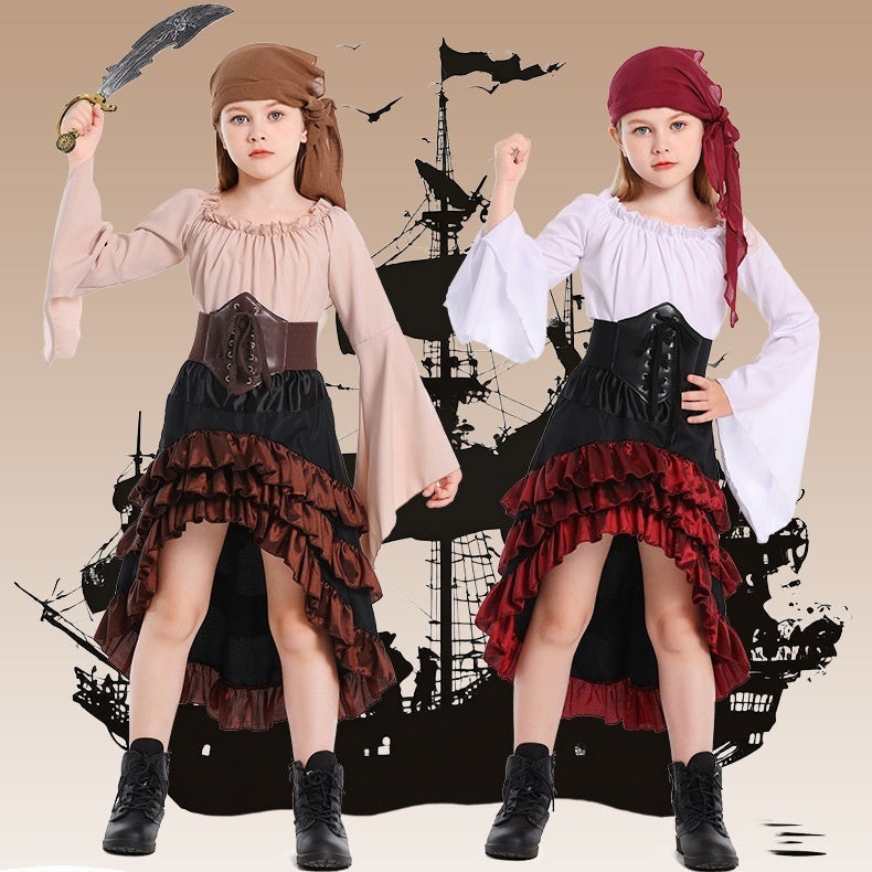 Halloween Retro Front Short Back Long Irregular Ruffled High Waist Dress Up