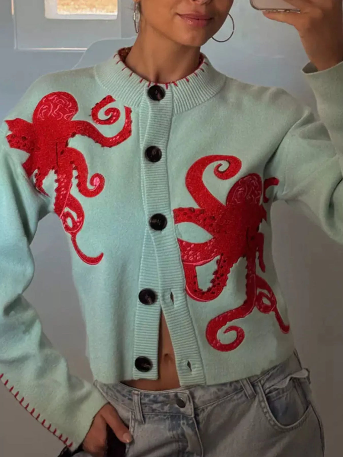 Octopus Button Up Cropped Cardigan