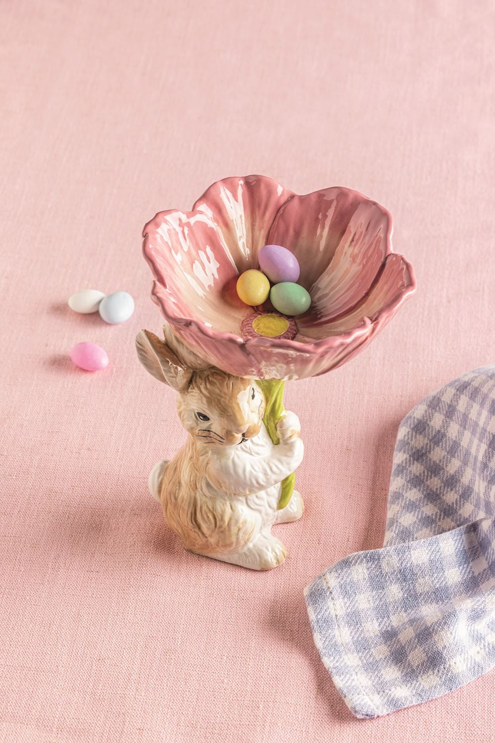 Hand Painted Ceramic Bunny Flower Candy Bowl