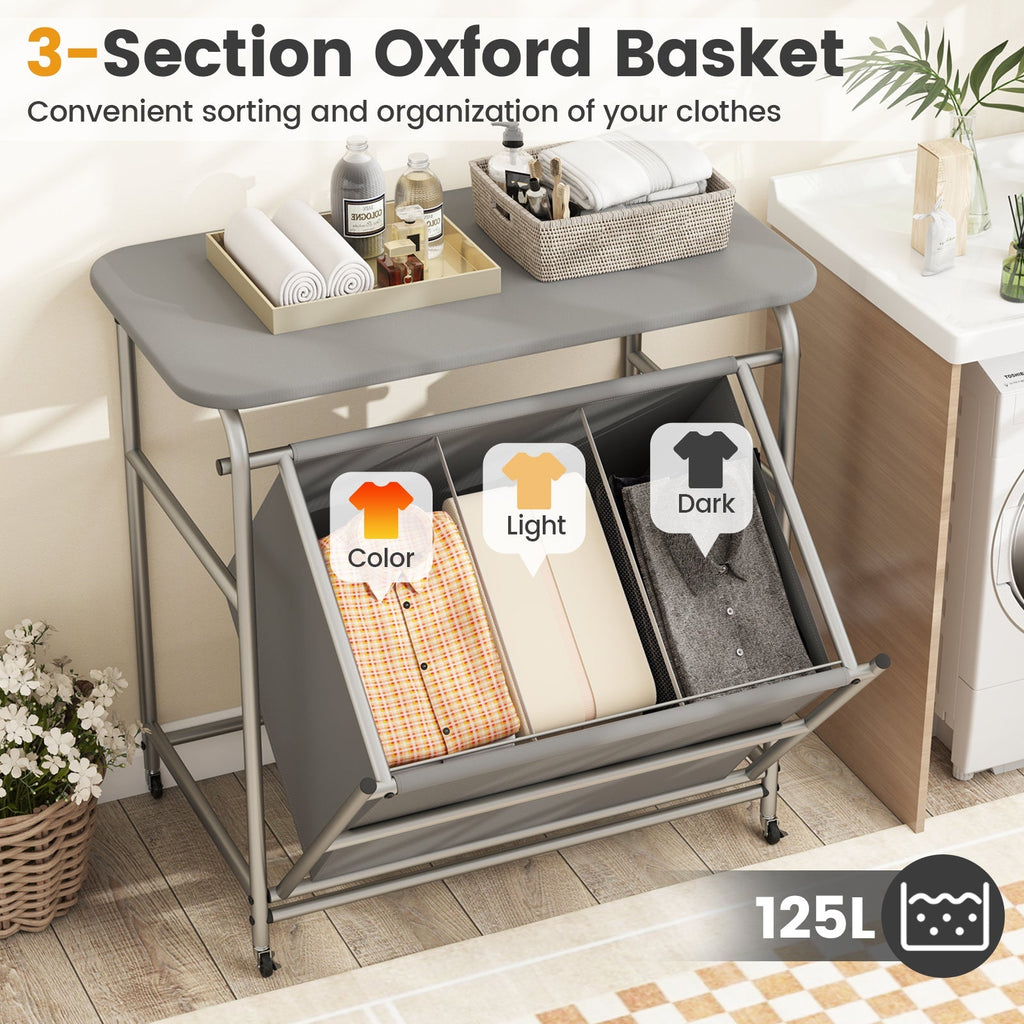 3-Section Laundry Sorter with Foldable Ironing Board and Lockable Wheels-Gray