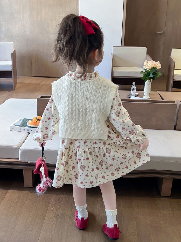 Girls Floral-print Dress And Vest Two-piece Set