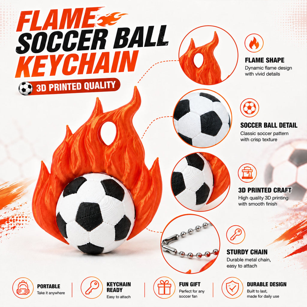 3D Printed Flame Soccer Ball Keychain Sports Backpack Bag Pendant