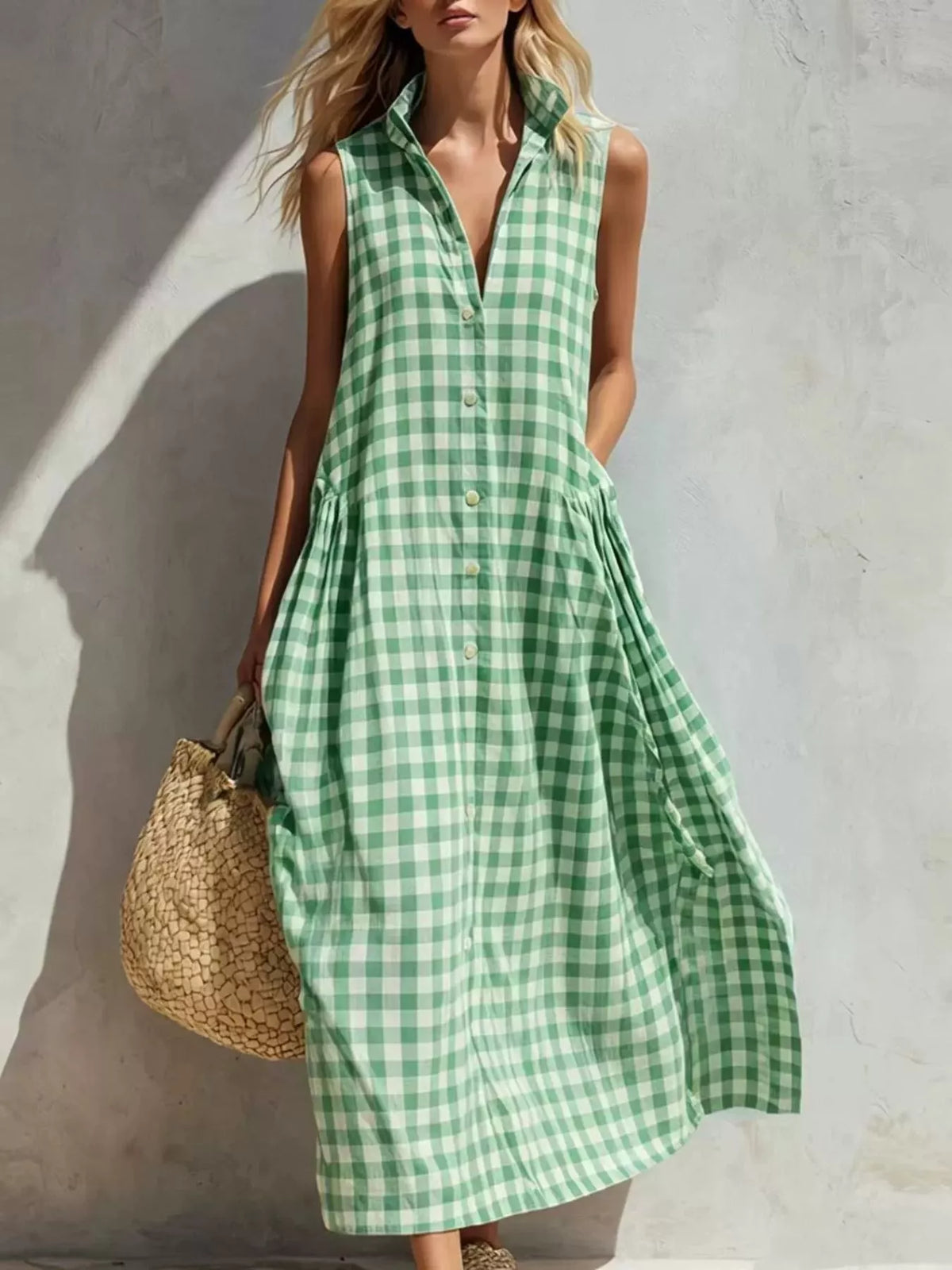 Full Size Sleeveless Gingham Button-Down Midi Dress Plus Size