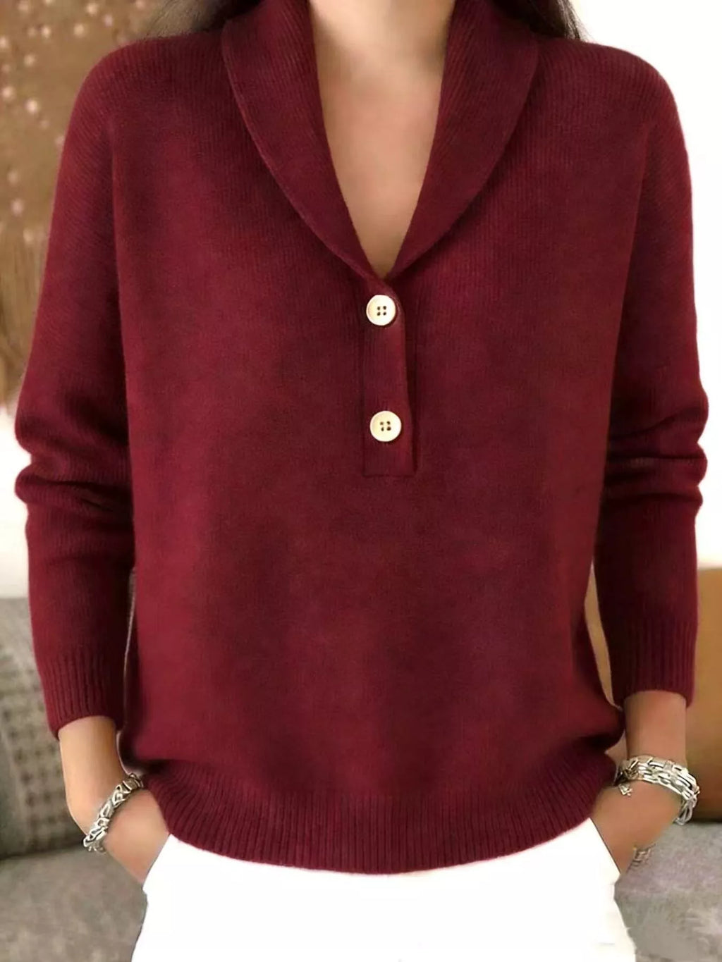 Shawl Collar Button Detail Sweater