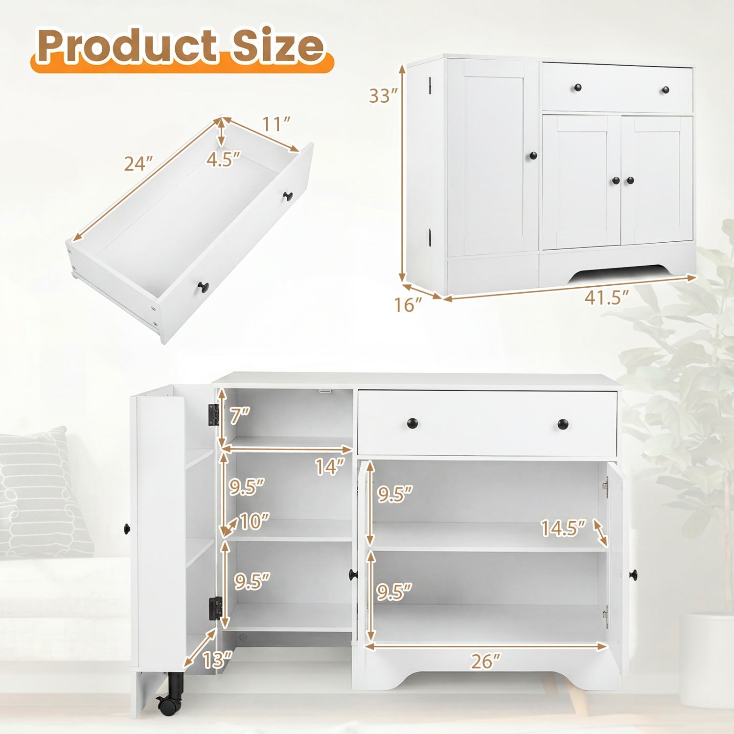 Coffee Bar Cabinet with Rolling Wheels and 3 Doors - 41.5"