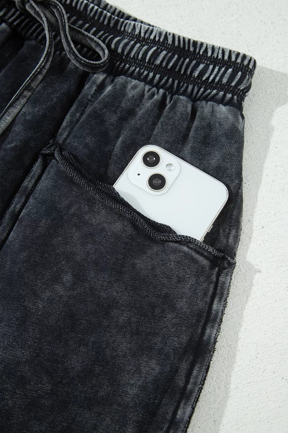 Mineral Wash Raw Seam Drawstring Elastic Waist Barrel Pants