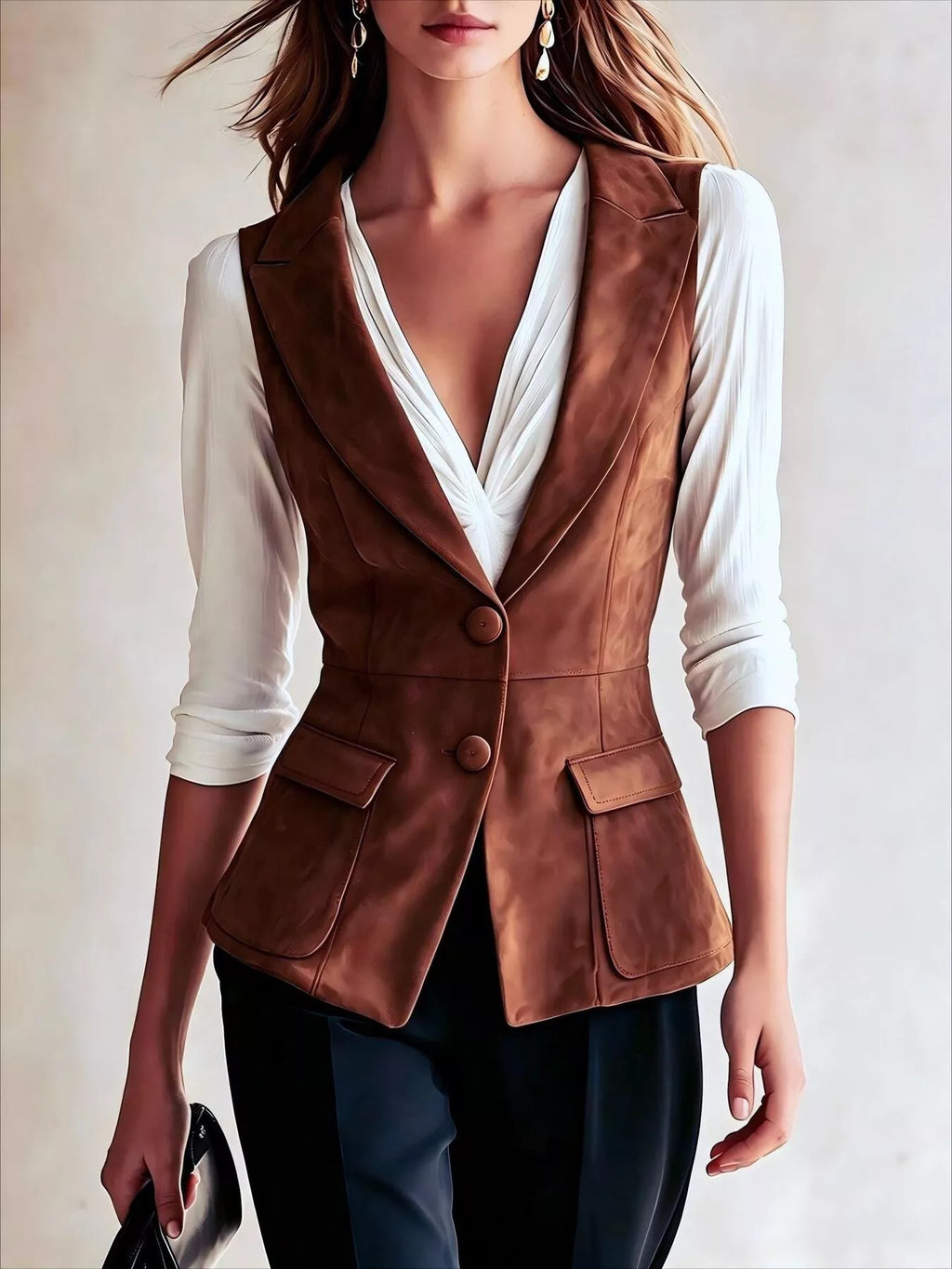 Button-Front Closure Suede Vest Coat