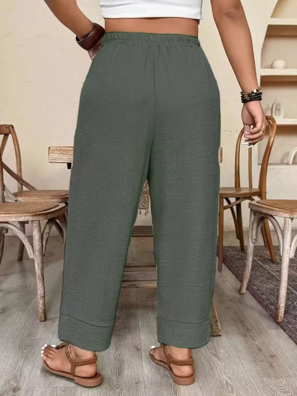 Plus Size High-Waisted Elastic Waist Pants with Pockets