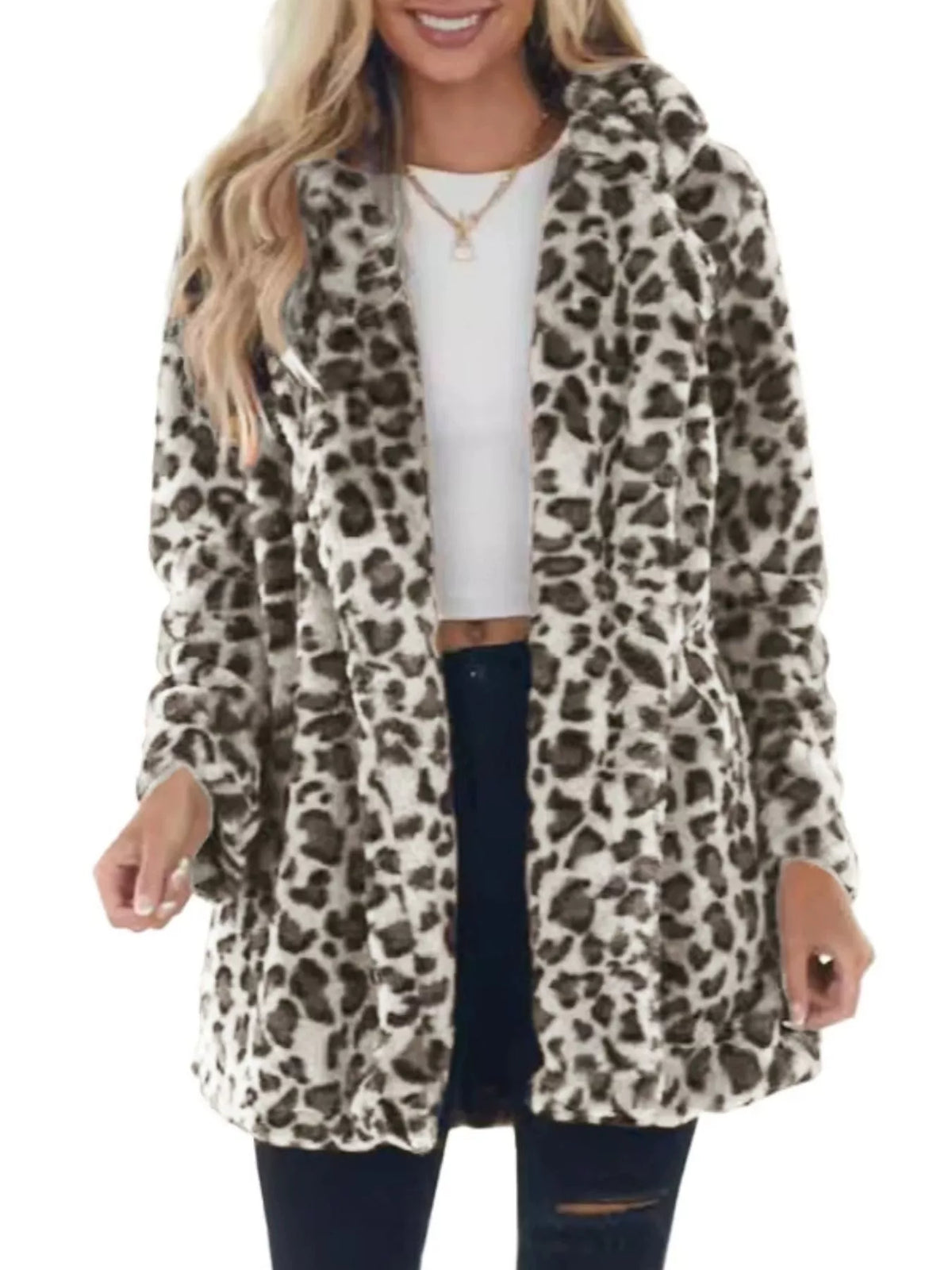 Full Size Leopard Open Front Outerwear Plus Size