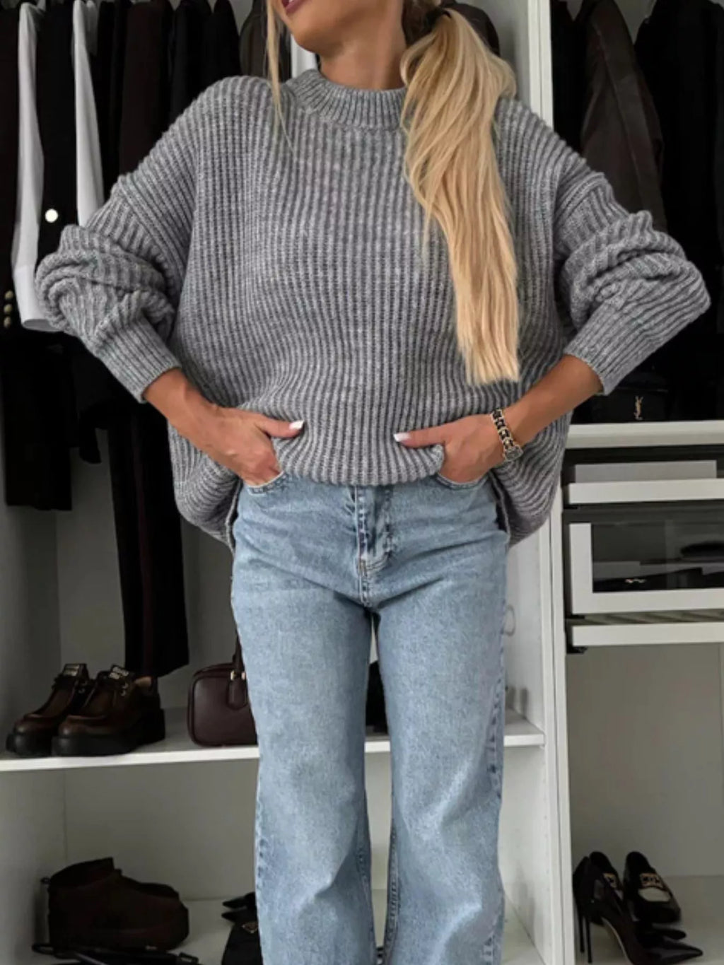 Ribbed Knit Crew Neck Sweater