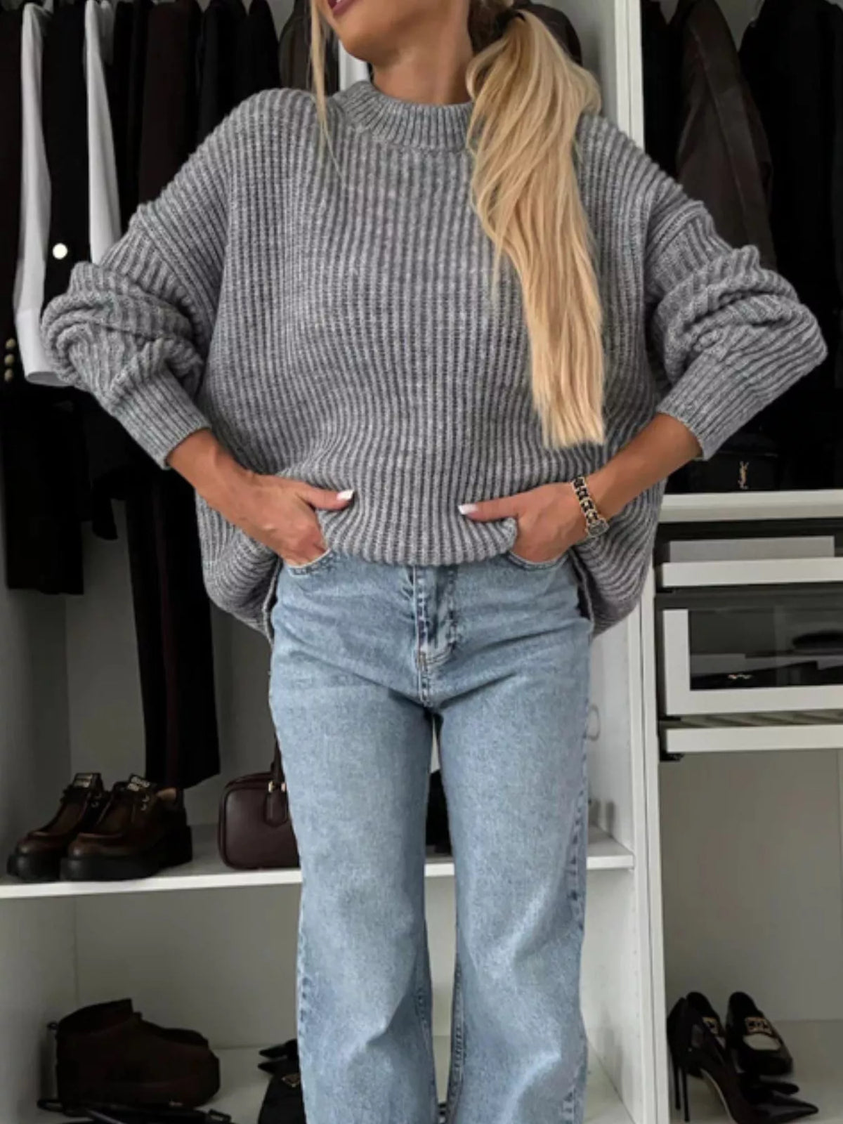 Ribbed Knit Crew Neck Sweater