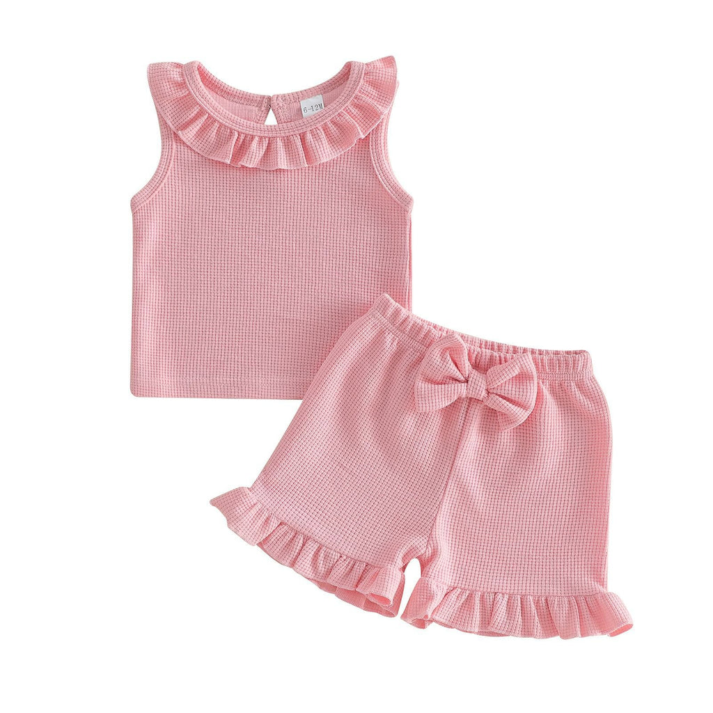 Solid-color Top Waffle-knit Shorts Set