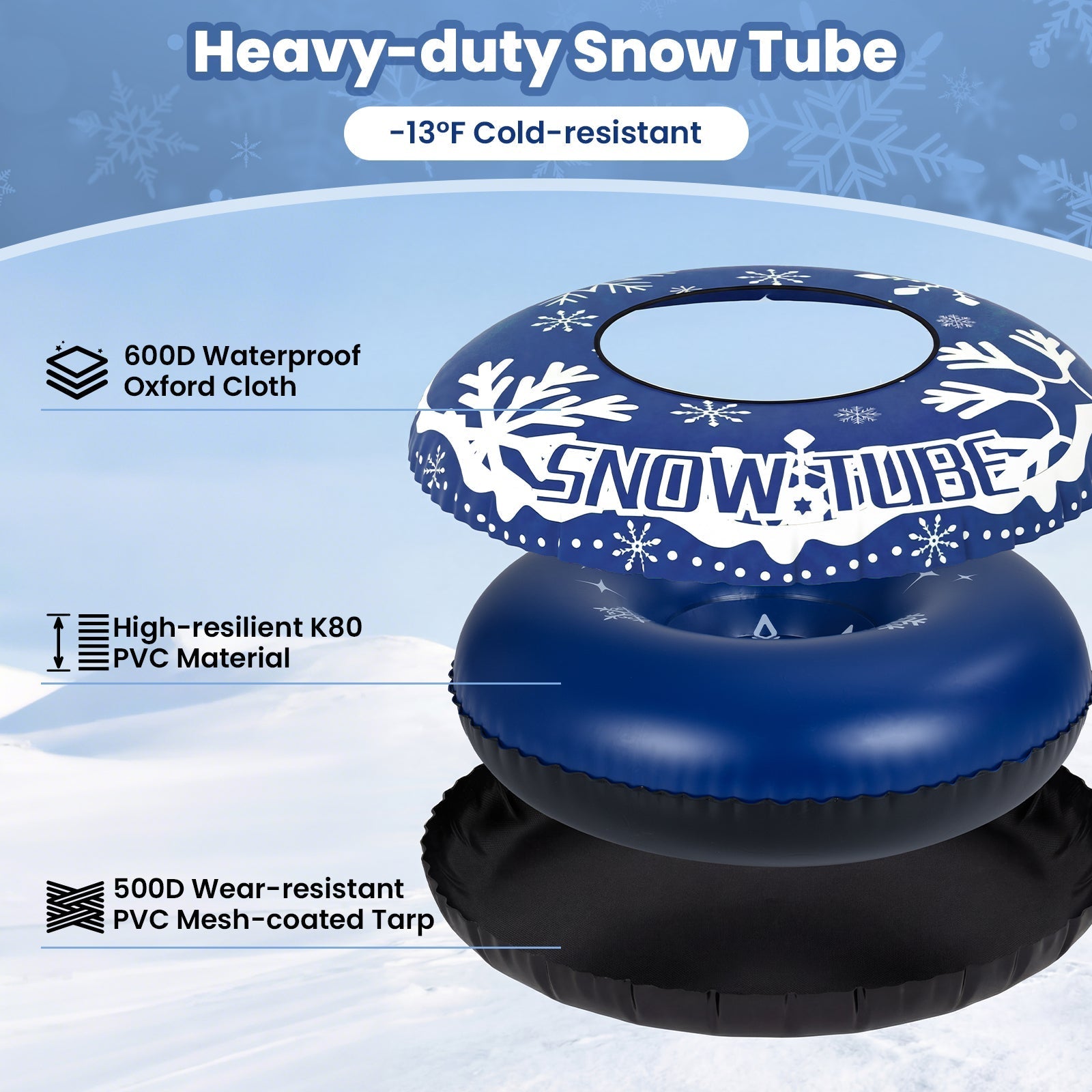 42" Heavy-duty Inflatable Snow Tube with Detachable Tow Strap