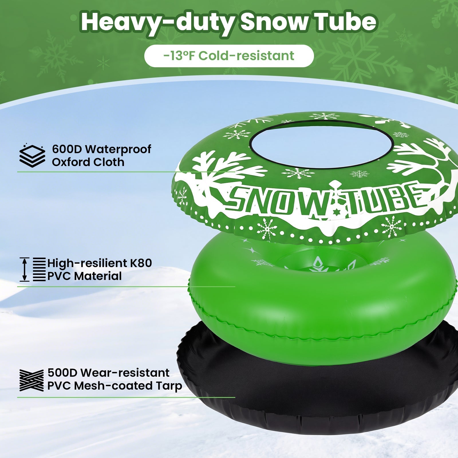 42" Heavy-duty Inflatable Snow Tube with Detachable Tow Strap