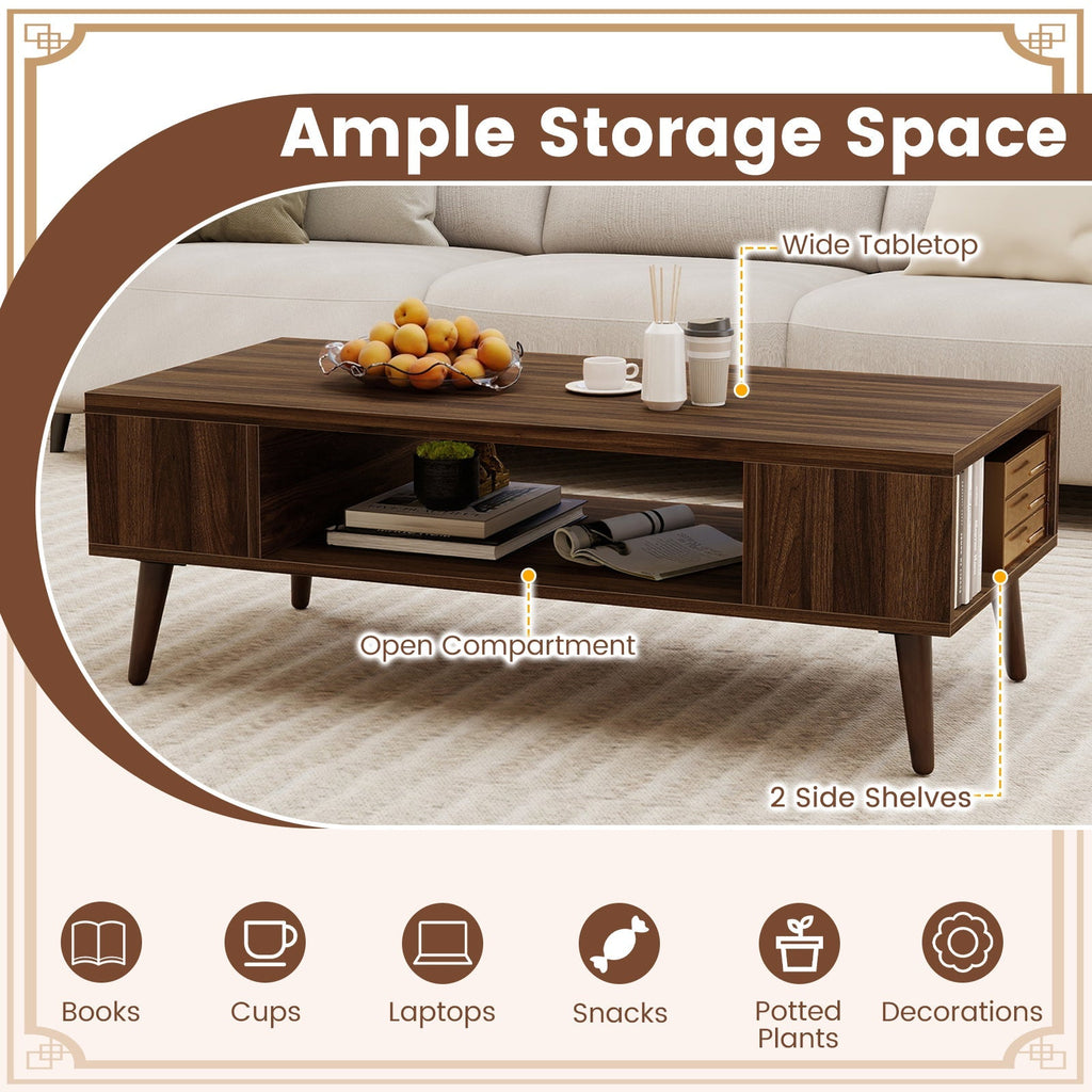 42 Inch Mid Century Modern Coffee Table Rectangular with Open Compartment-Walnut