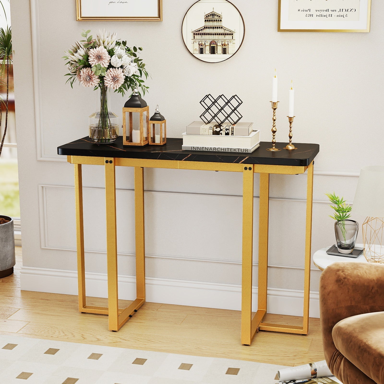 42 Inches Modern Faux Marble Entryway Table with Geometric Metal Frame