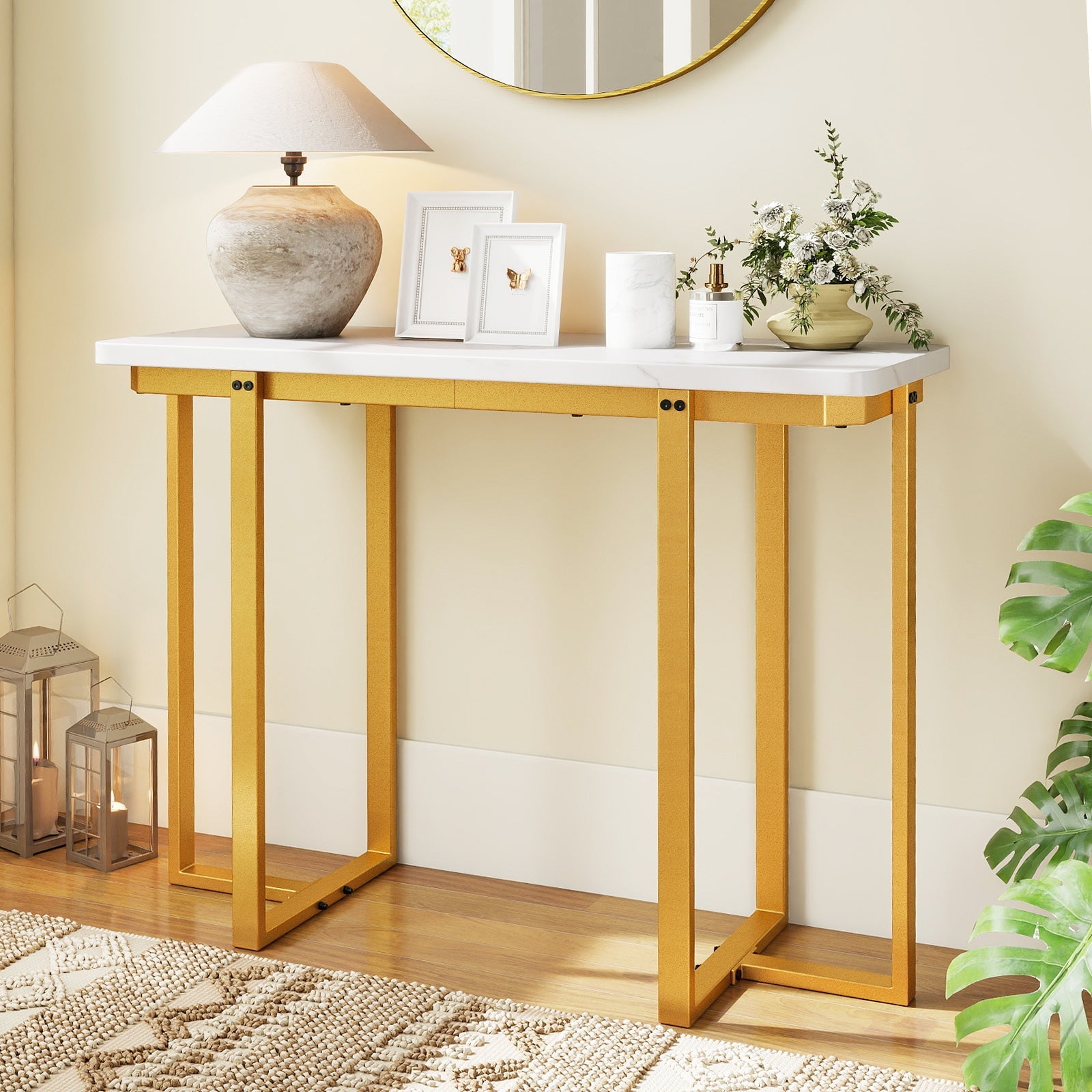 42 Inches Modern Faux Marble Entryway Table with Geometric Metal Frame