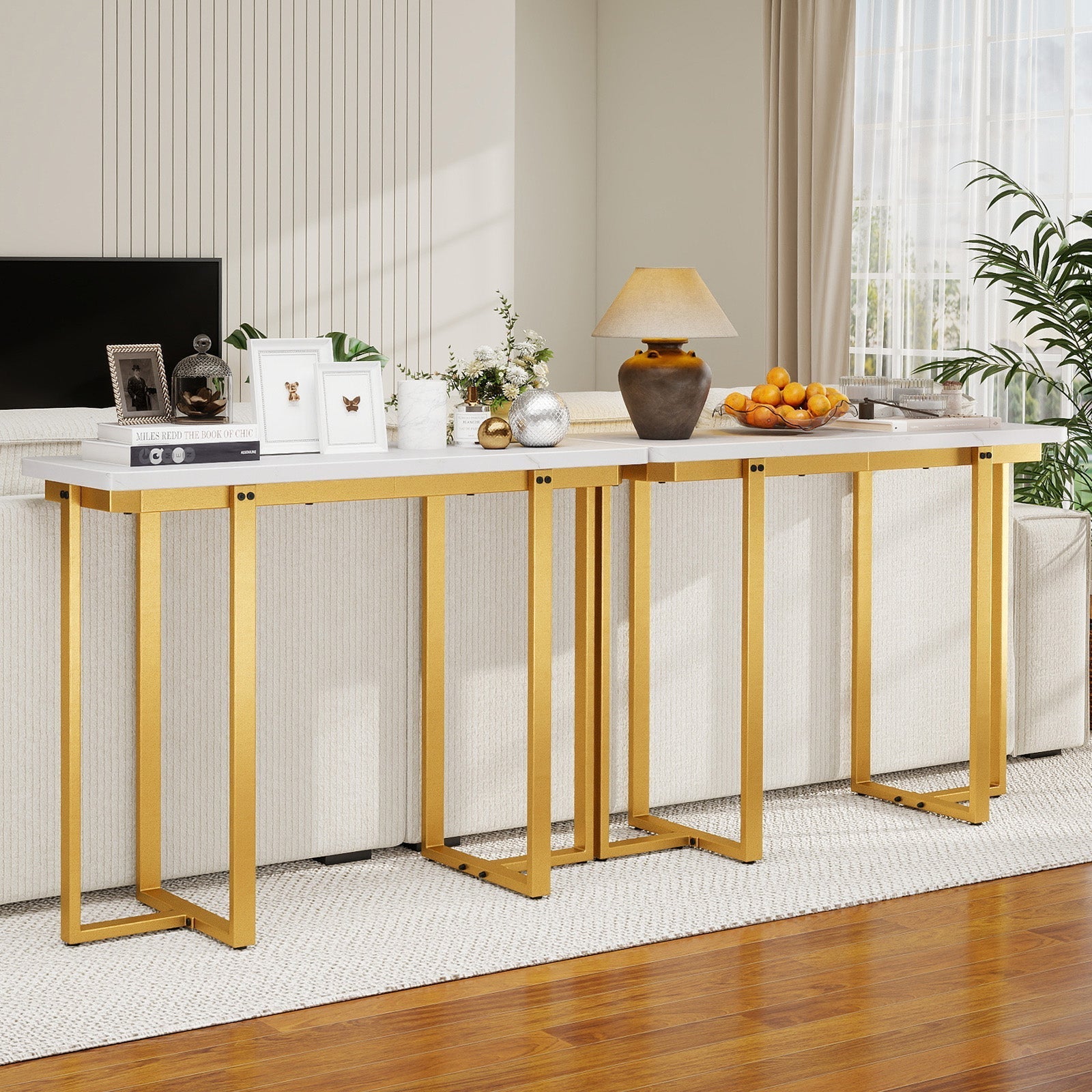 42 Inches Modern Faux Marble Entryway Table with Geometric Metal Frame