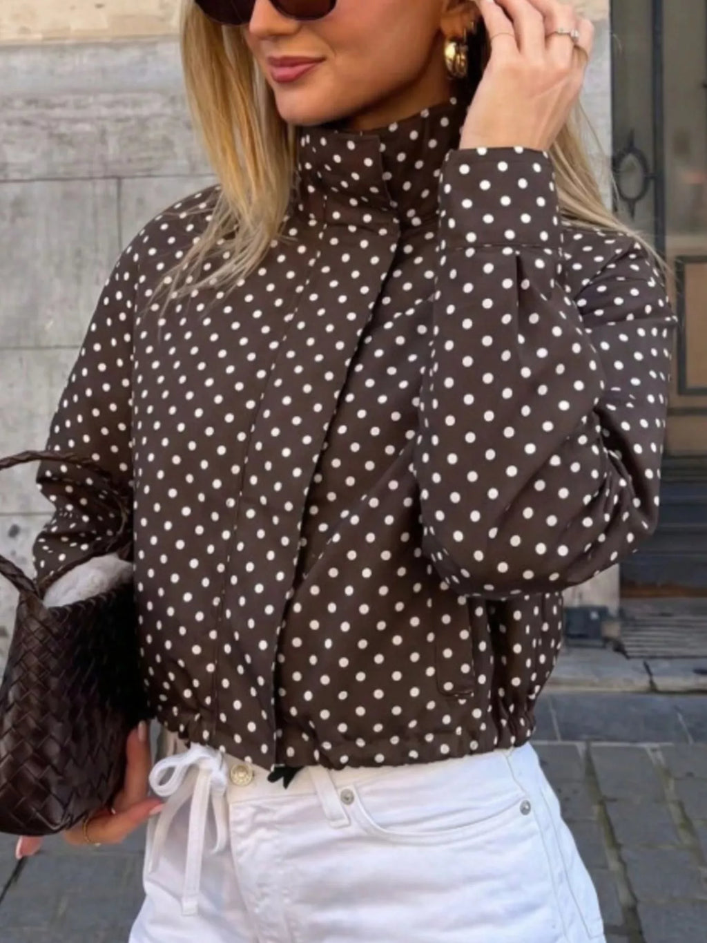 Polka Dot Zip Up Casual Jacket