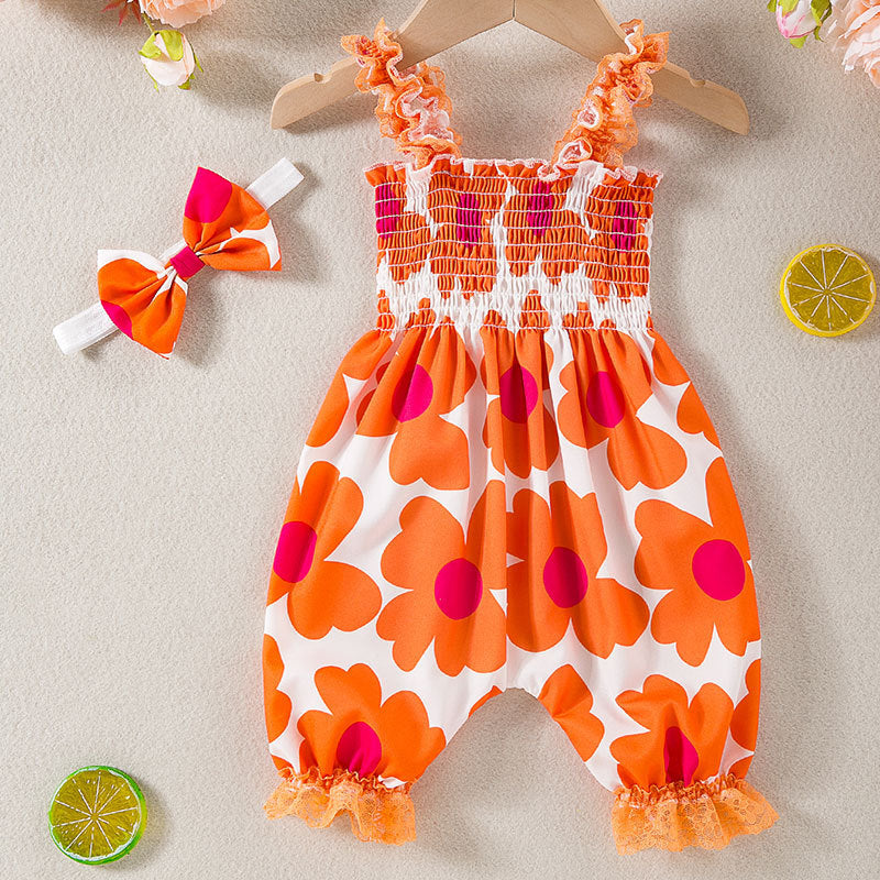 Infant And Toddler Clothing Suspender Top With Waist Tie, Printed Bloomers, Two-piece Set