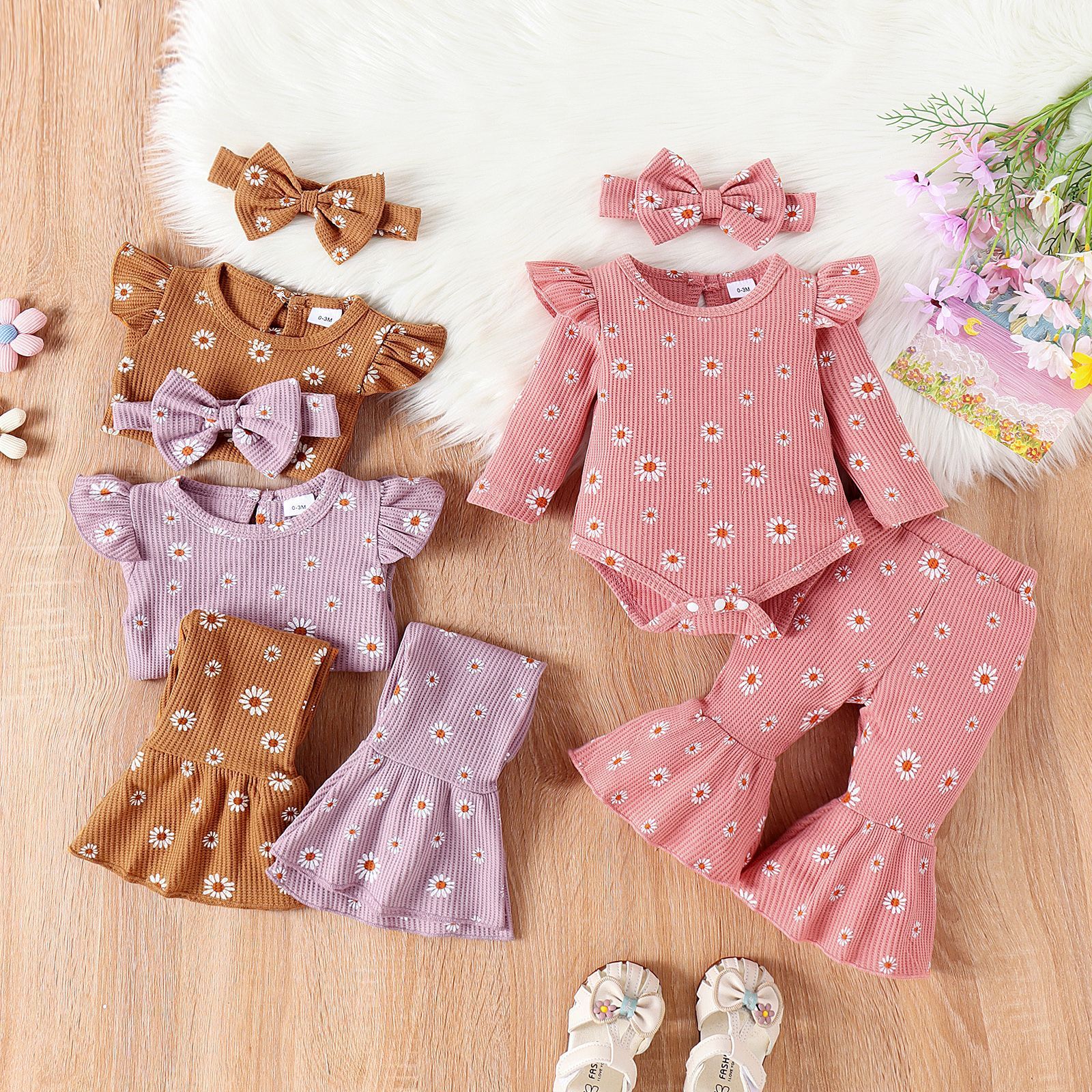 Children's Printed Top Bell-bottom Pants Hair Band Set