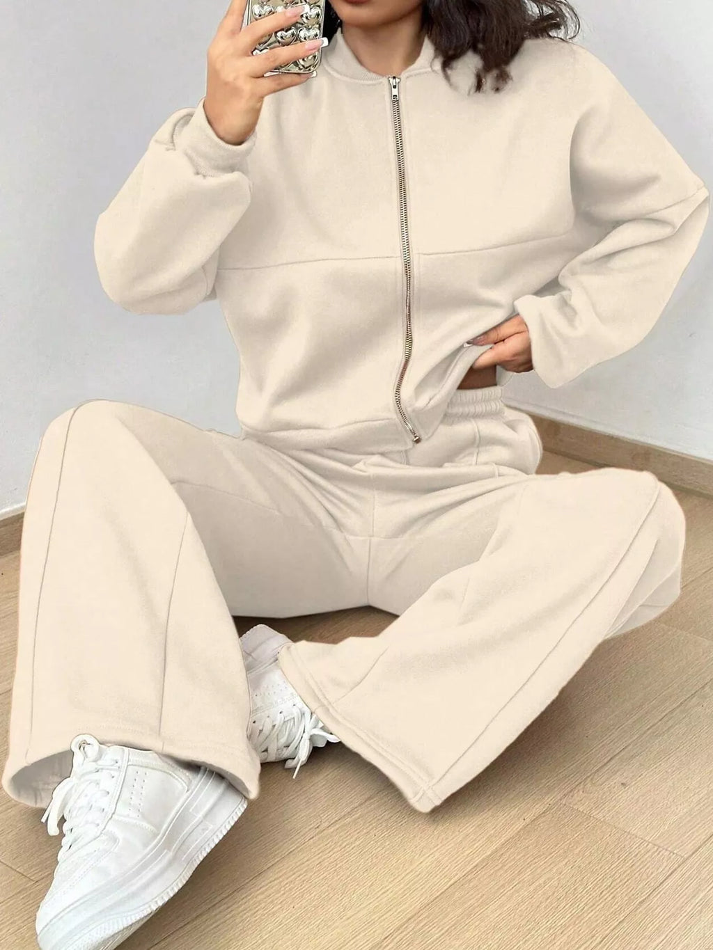 Casual Zip-Up Jacket and Wide-Leg Sweatpants Set