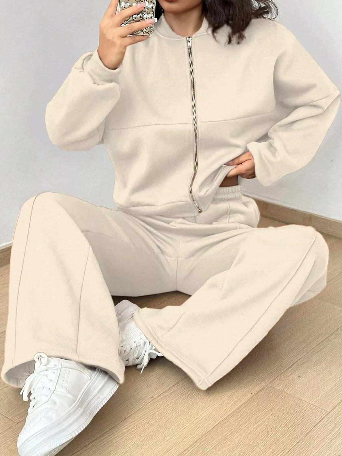Casual Zip-Up Jacket and Wide-Leg Sweatpants Set