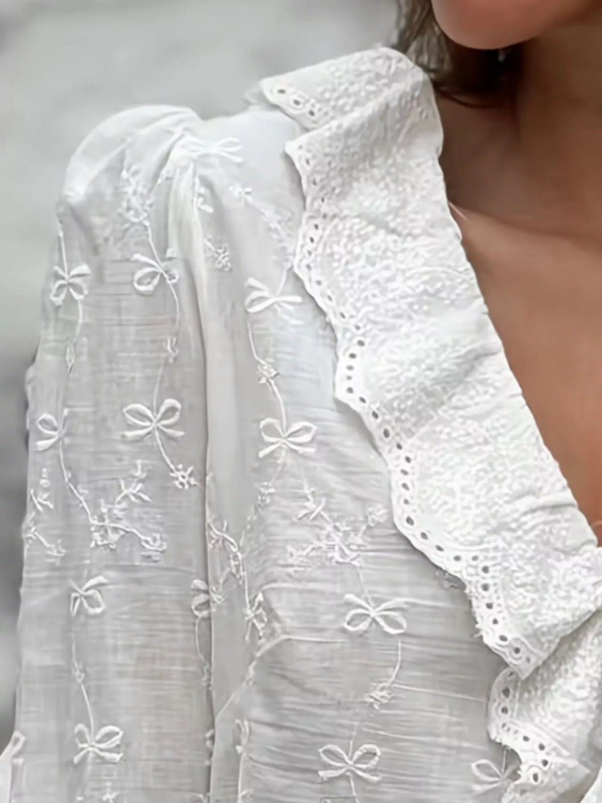 Bow Embroidered Ruffled V-Neck Blouse