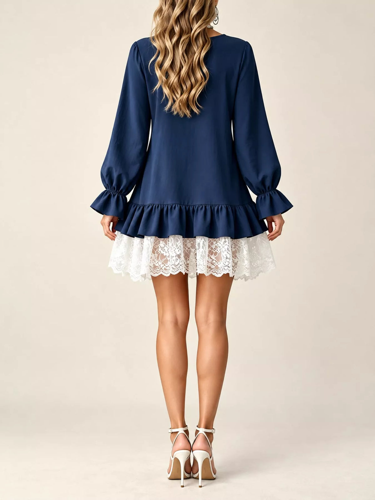 Lace Hem V-Neck Flounce Sleeve Dress