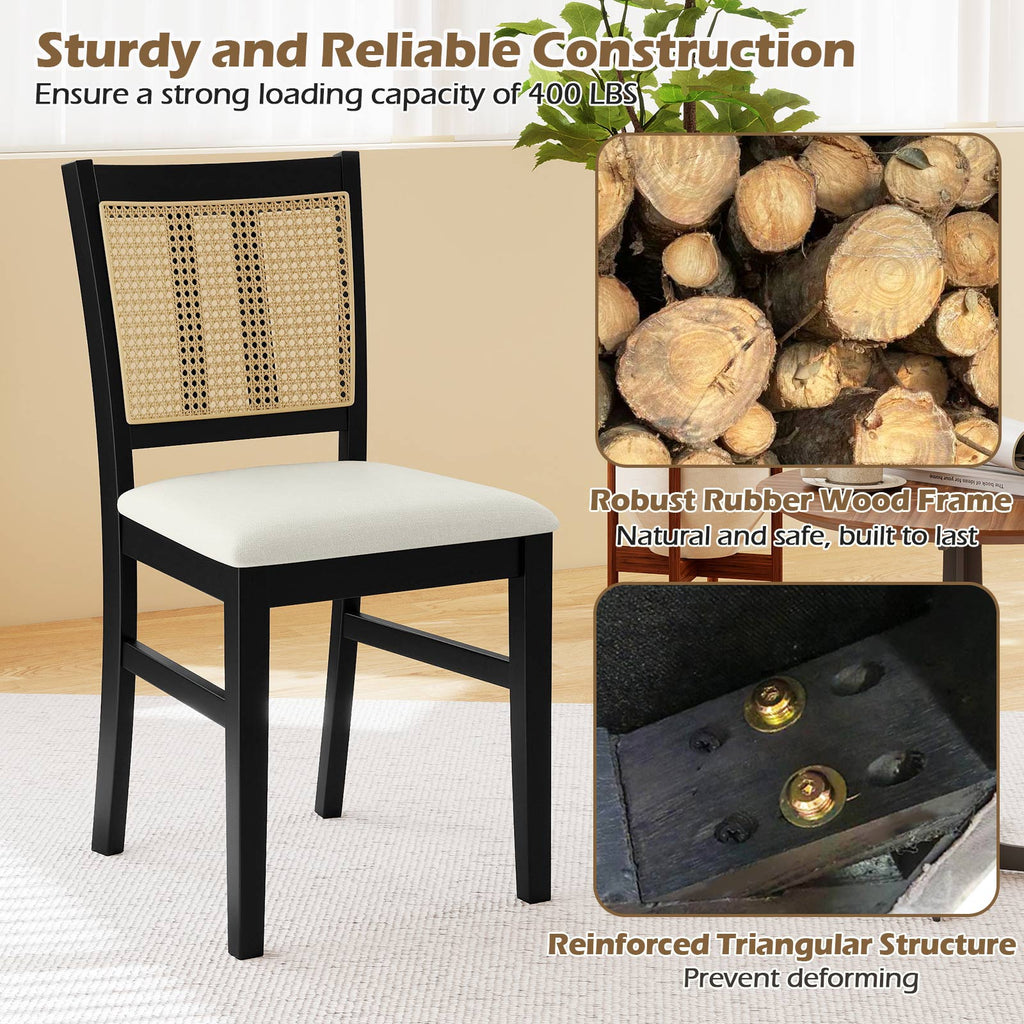 Farmhouse Rattan Dining Chair Set of 2 with Rubber Wood Legs and Cane Back-Beige