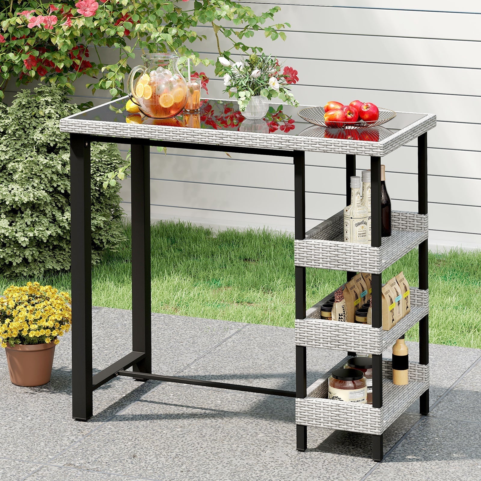 43.5 Inch Outdoor Bar Table with Tempered Glass Top