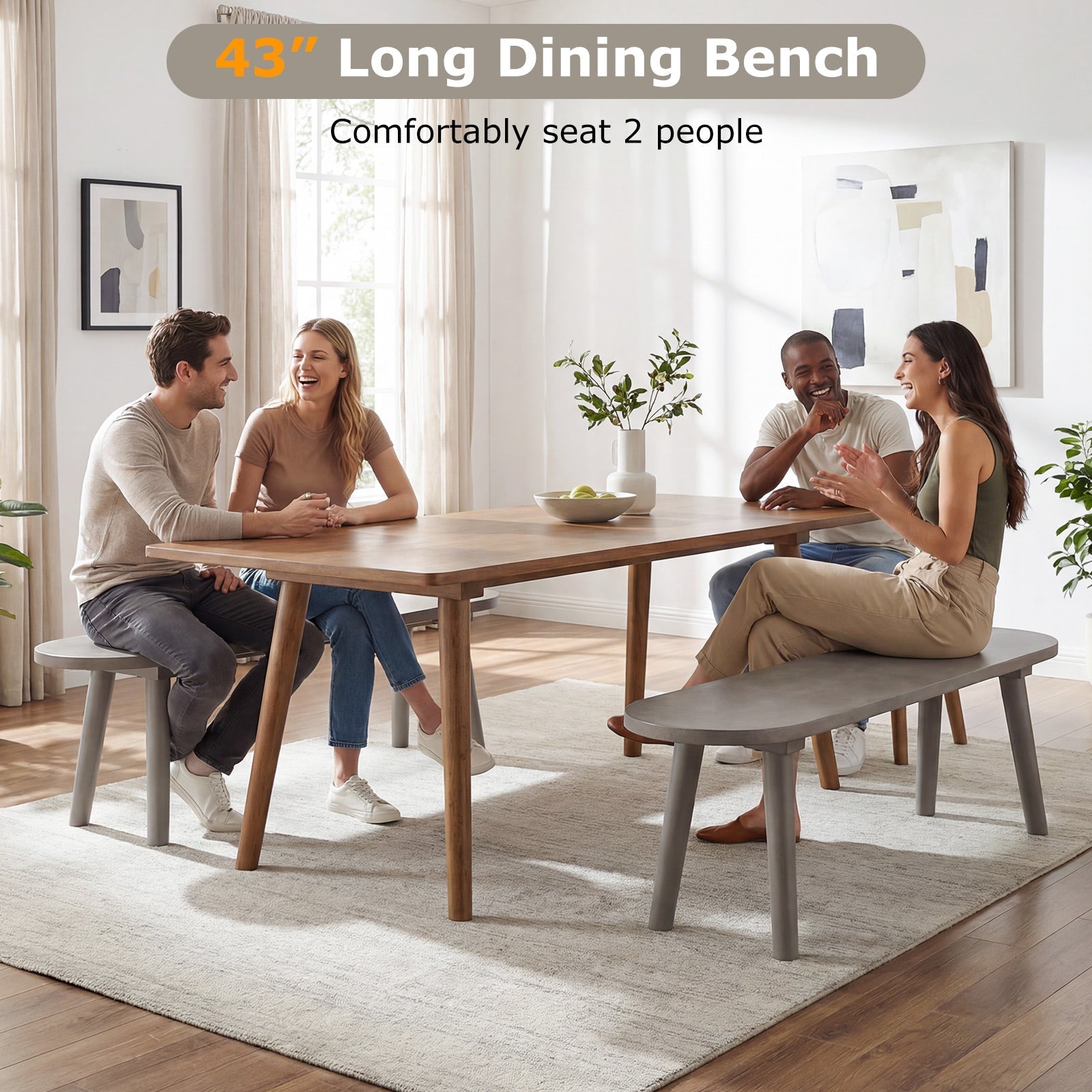 43 Inch Solid Wood Farmhouse Dining Bench Rustic Wooden Entryway Bench with Rubber Wood Legs-Gray