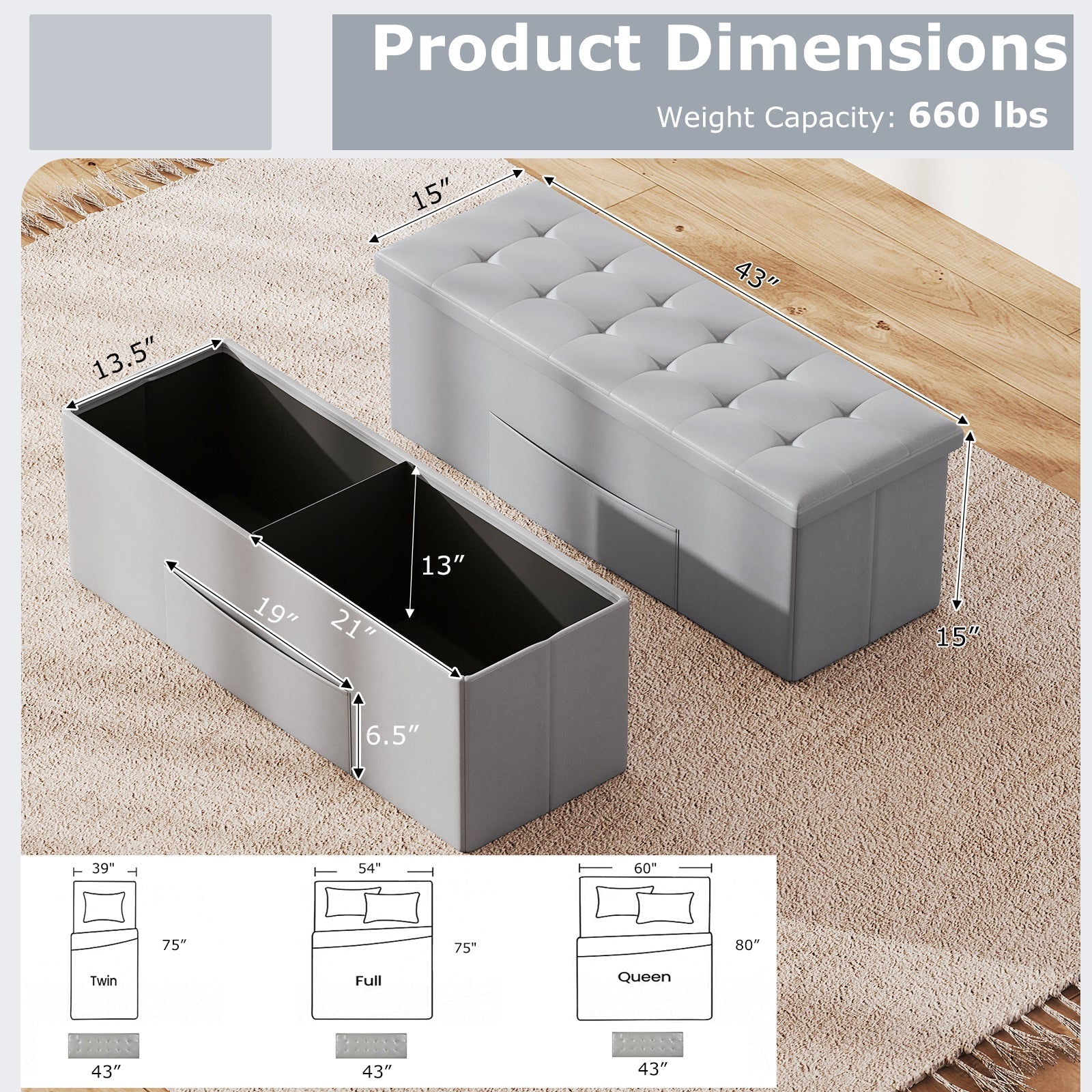 43 Inches Folding Storage Ottoman Bench Foot Rest Stool End of Bed Bench
