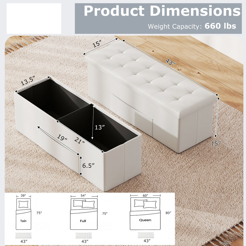 43 Inches Folding Storage Ottoman Bench Foot Rest Stool End of Bed Bench