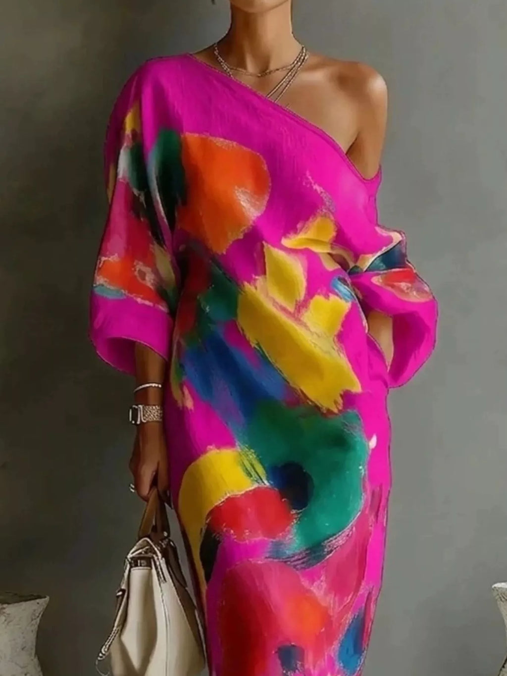 Full Size One-Shoulder Abstract Print Loose Fit Maxi Dress Plus Size