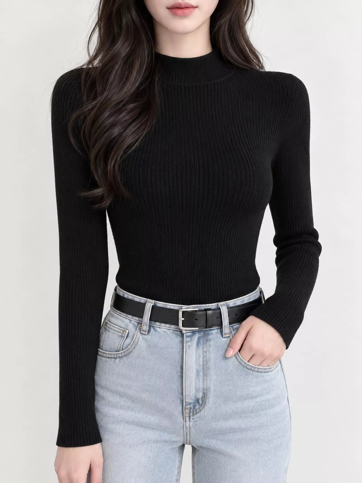 Elegant Slim-Fit Ribbed Mock Neck Knit Top