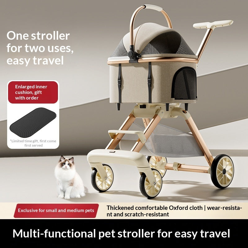 Luxury Cat Stroller With Detachable Pet Carrier, Foldable, Sturdy Alloy Frame