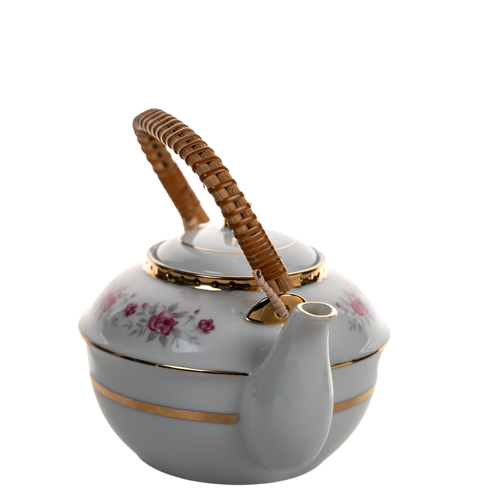 Japanese Nasco Fine China Rose Pattern Teapot with Rattan Handle